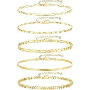 Gold Anklet Set for Women Waterproof Layered Cuban Chain Adjustable Jewelry